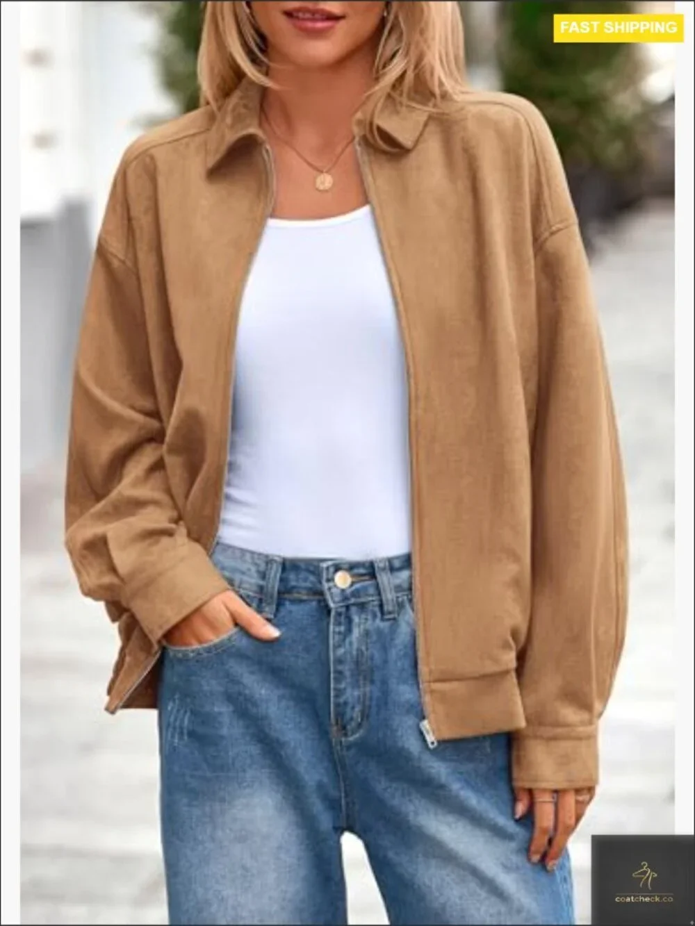 Faux Suede Bomber Jacket Oversized Relaxed Fit Zip Up Casual Outerwear - Picture 2 of 7
